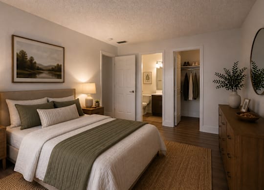 A bedroom with a large bed and a painting on the wall.