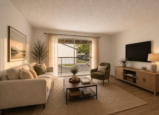 A living room with a couch, chair, and a television.