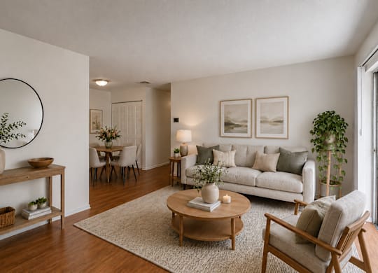 A living room with a white couch, a coffee table, and a round mirror on the wall.