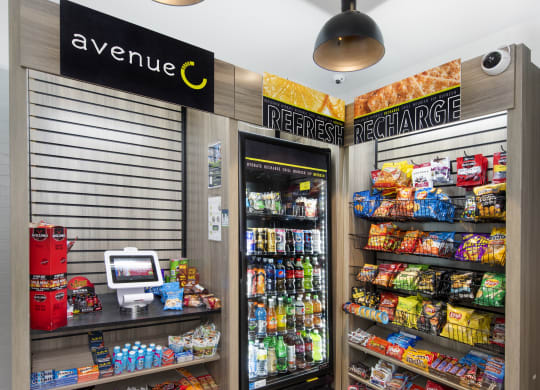 the store has a large variety of snacks and a vending machine