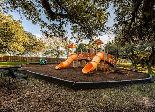 A playground with a slide and a green lawn.
