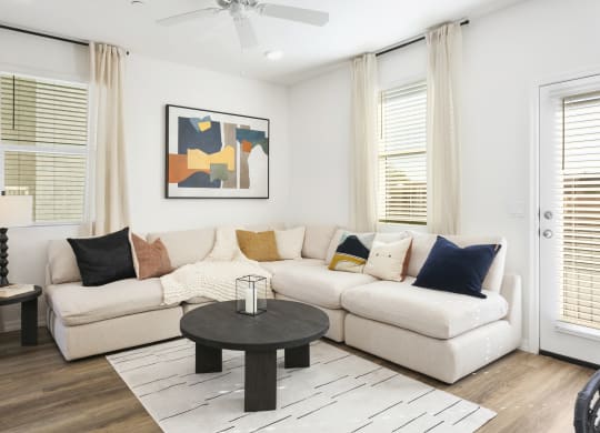 a living room with a couch and a coffee table