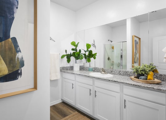 a bathroom with white cabinets and a sink and a mirror
