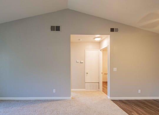 A room with a white door and a carpet on the floor.