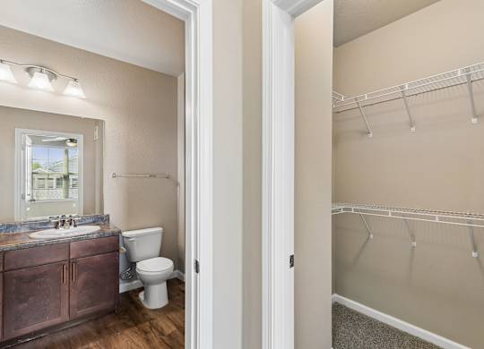A bathroom with a toilet, sink, and a walk-in closet.