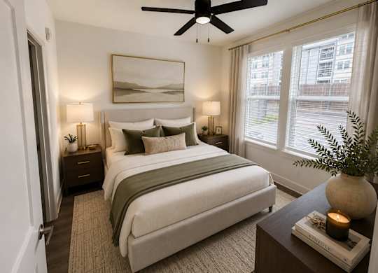 A bedroom with a large bed and a ceiling fan.