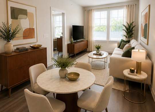 A modern living room with a white couch, a round table, and a television.