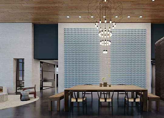 a large dining room with a large table and chairs and a wall with a curtain
