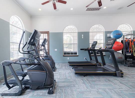 A gym with treadmills and elliptical machines.