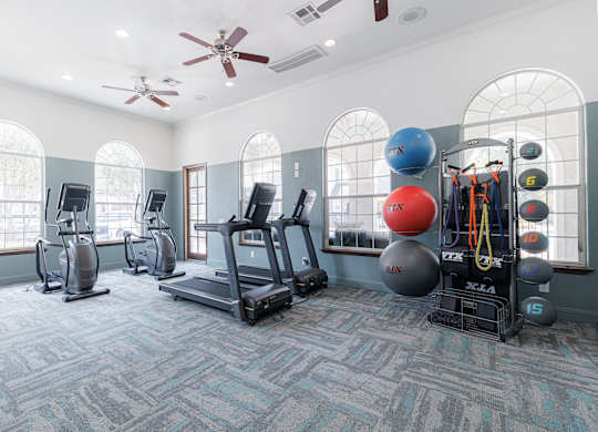 A gym with a variety of equipment including treadmills, elliptical machines, and weight racks.