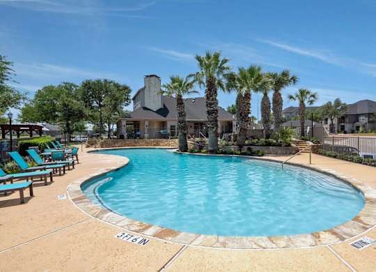 A large swimming pool surrounded by palm trees and lounge chairs.
