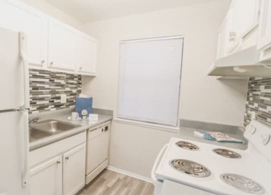 a white kitchen with a stove and a refrigerator