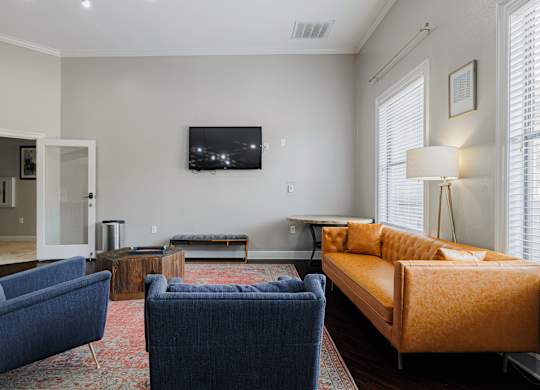 a living room with couches and chairs and a television