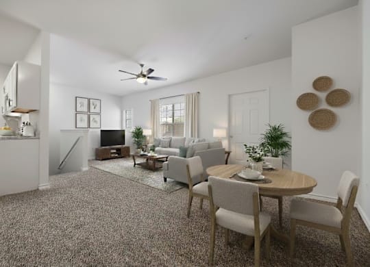 A living room with a dining table and chairs.
