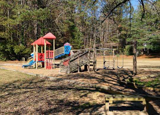 a playground in a park with trees in the background