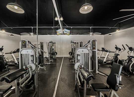 A gym with a variety of exercise equipment.