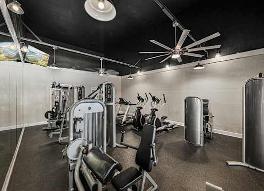 A gym with a variety of equipment including a weight bench, a leg press machine, and a rowing machine.