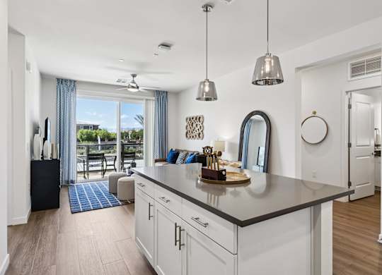 A kitchen with a large island and a view of the outdoors.at Fora Apartments, Nevada