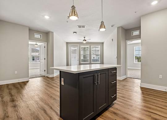 A kitchen with a black cabinet and a white countertop.