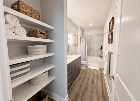 A bathroom with a white cabinet and a walk in shower.