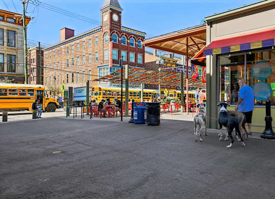 Outdoor seating and local cafe at Findlay Market in Over-the-Rhine, Cincinnati minutes from Contrast OTR apartments.