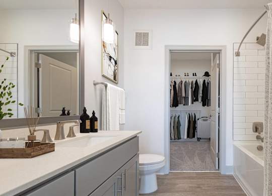 a bathroom with a sink and a toilet and a walk in closet