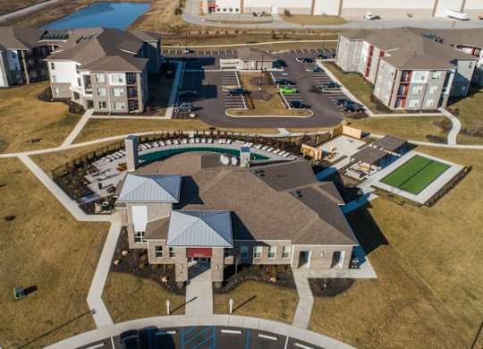 Aerial shot of the club house and amenities at Echo Park at Perry Crossing Apartments, Indiana, 46168