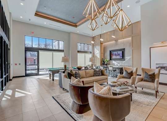 a living room with couches and chairs and a table and a pool