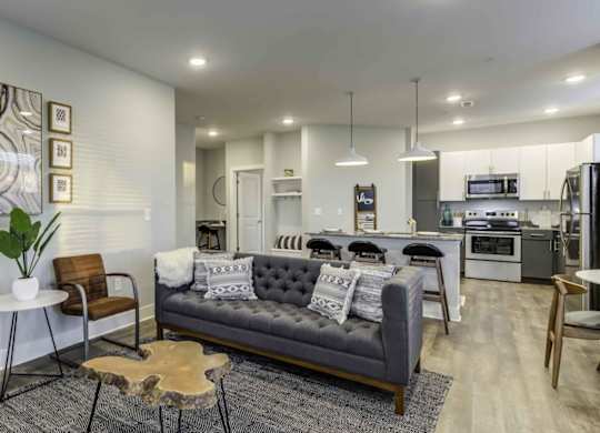 a living room with a couch and a kitchen in the background at Echo Park at Perry Crossing Apartments, Indiana, 46168