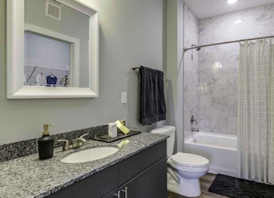 a bathroom with a sink and a shower and a toilet at Echo Park at Perry Crossing Apartments, Plainfield, Indiana