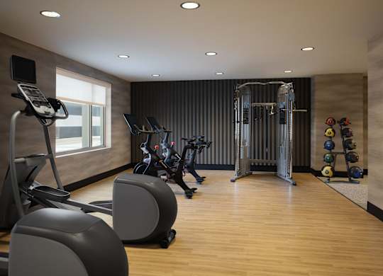 A gym with a treadmill, elliptical machines, and a weight rack.