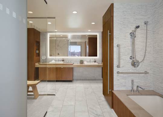 A modern bathroom with a walk-in shower and a large mirror.