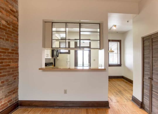 Living Area and Kitchen view at Lockerbie Court on Mass Ave, Indianapolis, IN