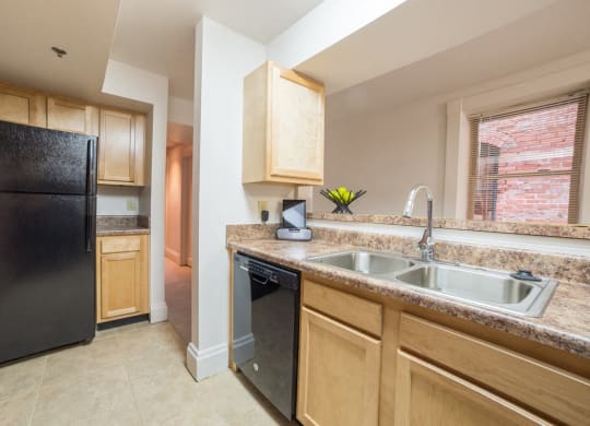Modular Kitchen with Black Appliances at Lockerbie Court on Mass Ave, Indianapolis, 46204