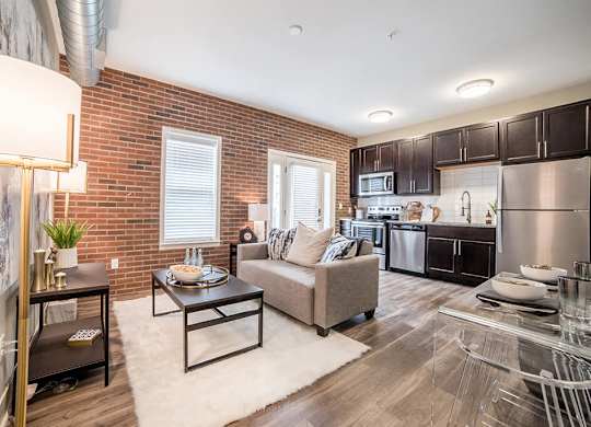 Living Area With Kitchen at The Foundry, South Bend, IN