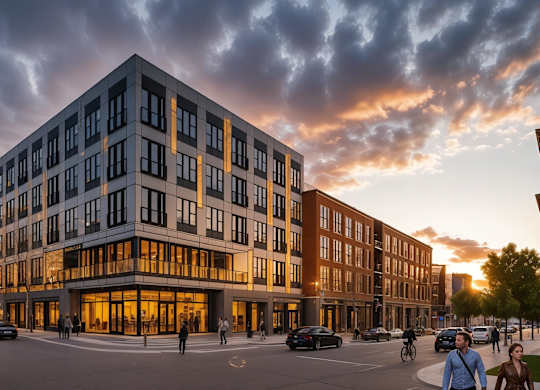 Stunning evening view of Contrast OTR in Cincinnati, Ohio, featuring a sleek, contemporary apartment building with floor-to-ceiling windows and private balconies, surrounded by a vibrant urban streetscape