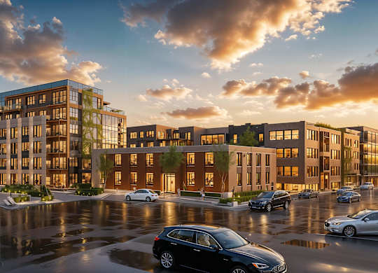 Breathtaking evening view of Contrast OTR’s modern apartment buildings in Cincinnati, Ohio, with warm interior lighting, private balconies, and lush tree-lined sidewalks