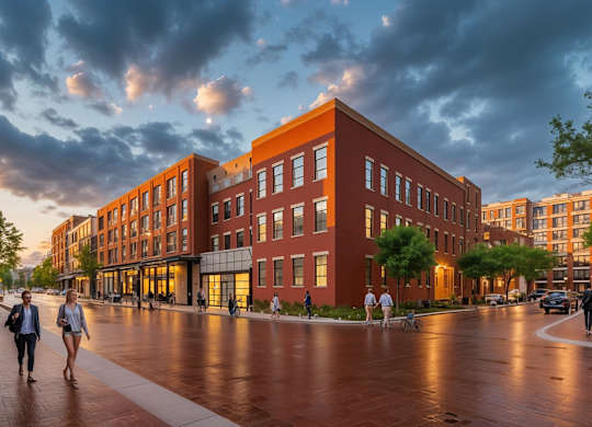 Vibrant pedestrian-friendly streetscape at Contrast OTR in Cincinnati, Ohio, showcasing brick facades, tree-lined walkways, and boutique retail spaces in the Over-the-Rhine neighborhood.
