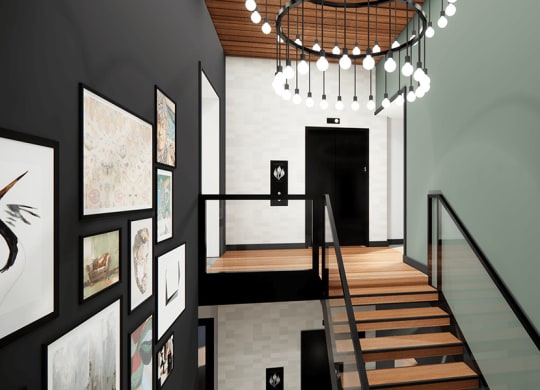 a rendering of a staircase with wood floors and a large chandelier