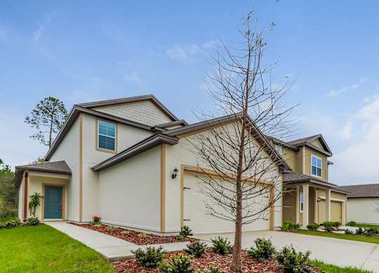 New two-story townhomes with driveways and landscaping.