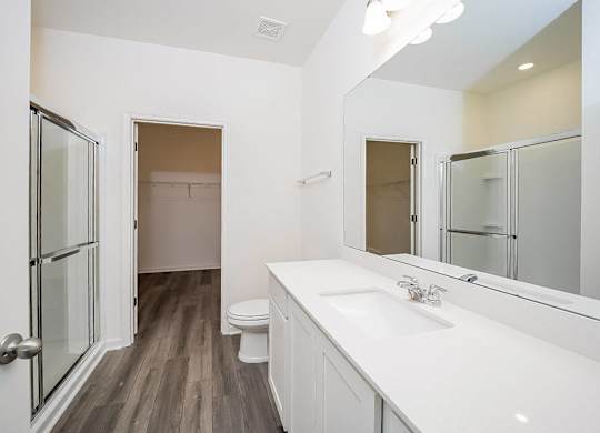 a bathroom with a sink and a shower and a toilet