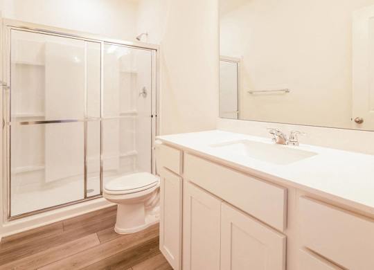 a bathroom with a sink toilet and a shower