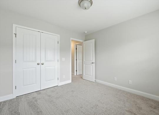 A room with two white doors and a carpeted floor.