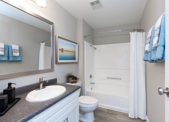 a bathroom with a white shower and a sink and a toilet
