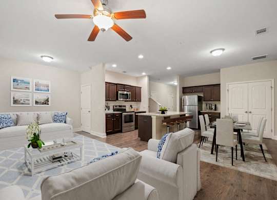 Omnia at Richmond Hill Townhomes in Georgia photo of a living room and kitchen.
