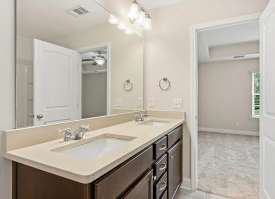 A bathroom with a double sink vanity and a large mirror.