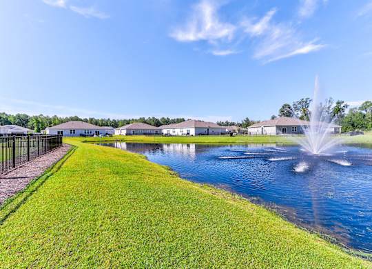 a fountain in the pond with houses in the background