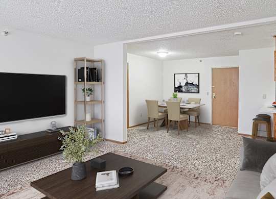 A living room with a grey couch and a wooden coffee table.