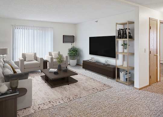 A living room with a white couch, a brown coffee table, and a flat screen TV.