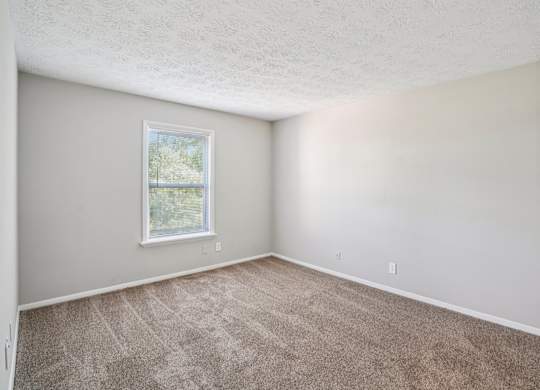 A room with a window and carpeted floor.